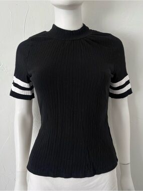 SHEIN Black Ribbed Short Sleeve Top with White Stripe Sleeves